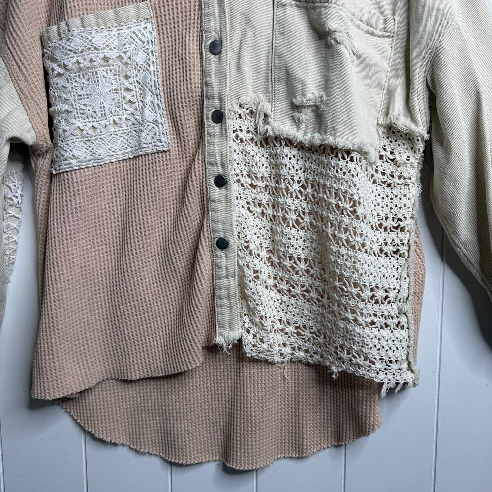POL patchwork shacket crochet distressed button d… - image 5